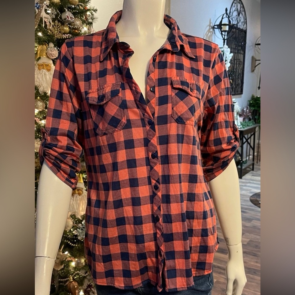 Plaid Button-Up Shirt in Red and Blue